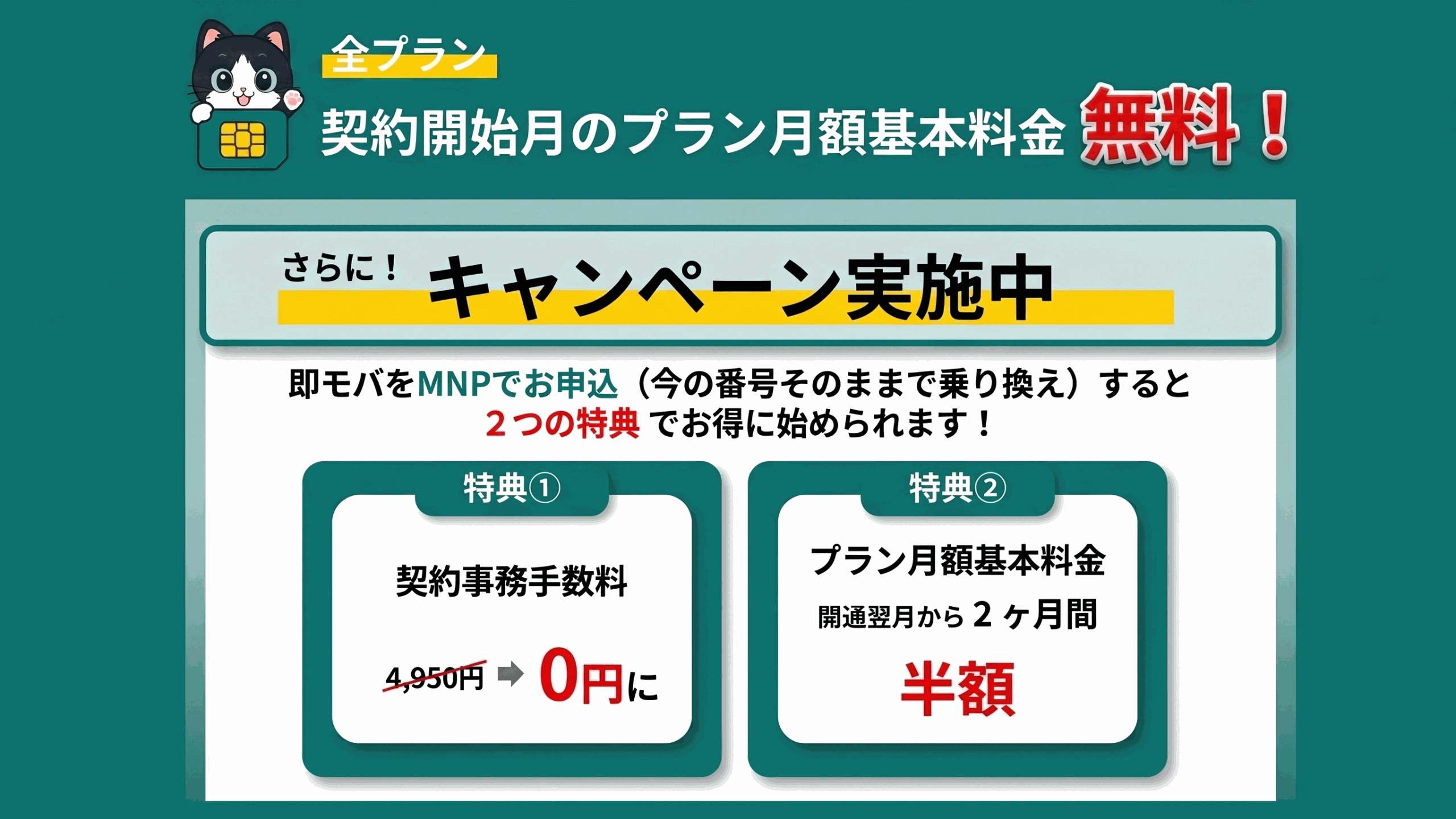 新規乗り換えキャンペーン：MNP で新規申込すると契約事務手数料 4,950円が0円に、プラン月額基本料金が開通翌月から2ヶ月間半額